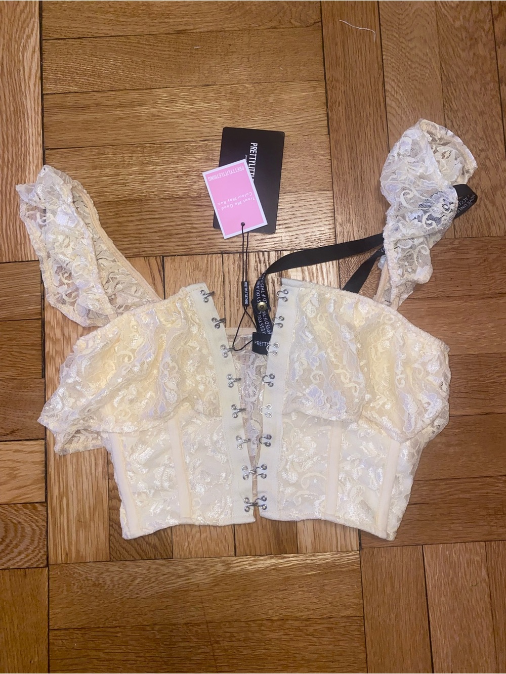 PrettyLittleThing Cream Lace Corset Crop Top with Hook Front